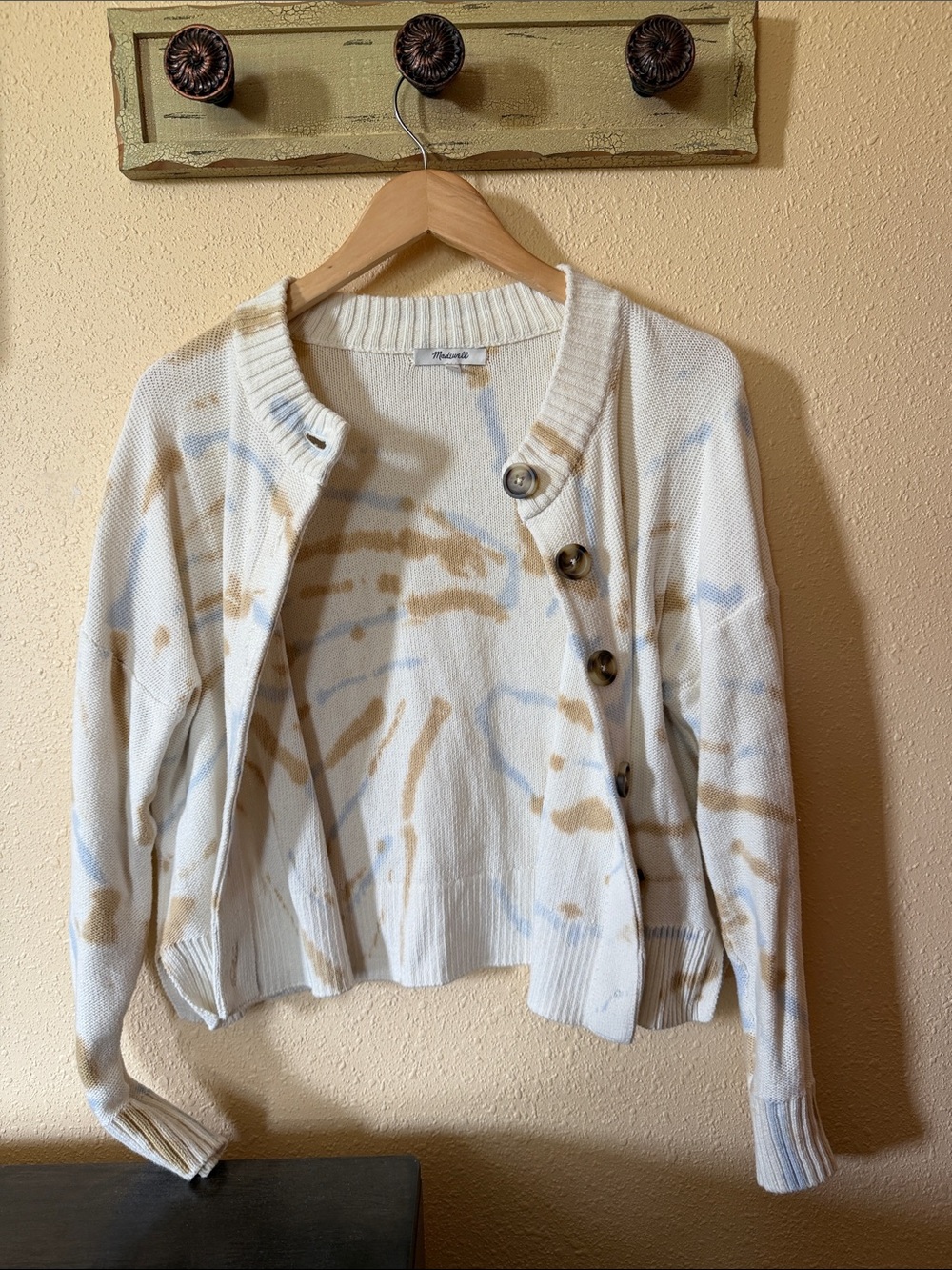 Madewell Cream Tie-Dye Cardigan with Light Blue & Tan Accents